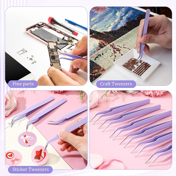 Honoson 9 Pcs Curved Pointed Craft Tweezers Precision Tweezer,Purple