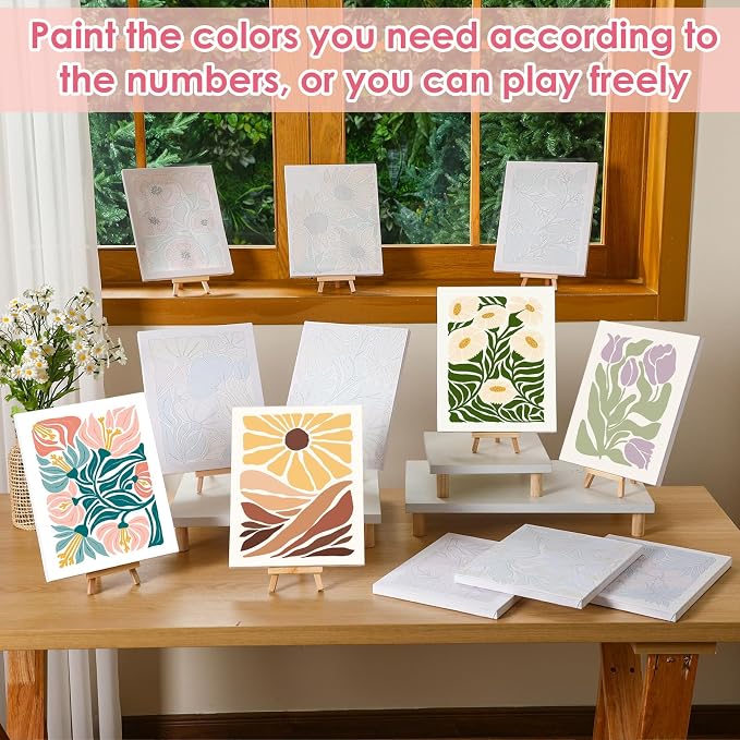 RoundFunny 12 Set Paint by Numbers Kit for Adults Flowers Painting 8x10 | with Wooden Frame Easel Acrylic Paints Brushes Watercolor Oil, DIY Stress Relief Paint by Number for Beginner Home Wall Decor