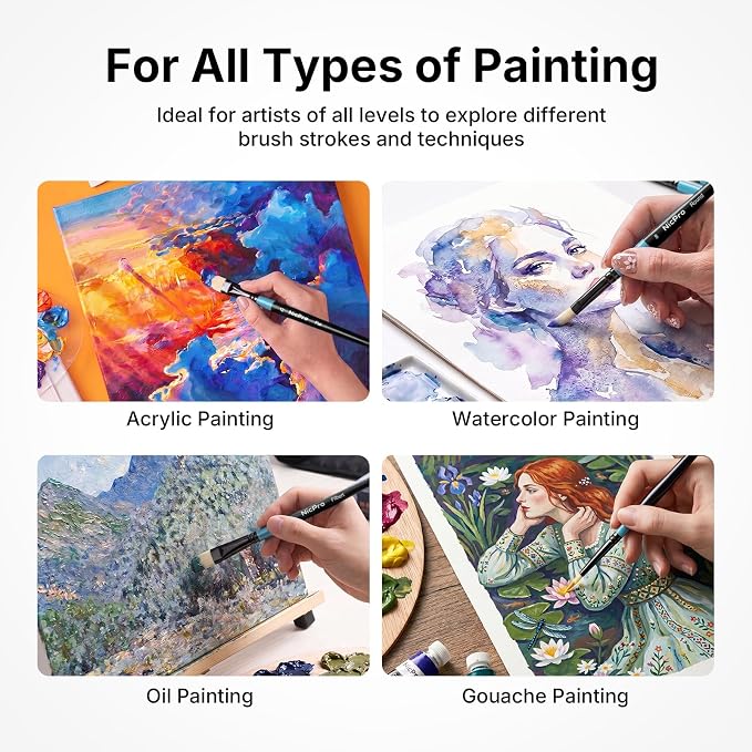 Nicpro 30pcs Paint Brush Set for Acrylic Painting, Oil, Watercolor, Gouache | 10 Shapes No Shedding Firm Synthetic Bristles with Palette Knife & Canvas Roll, Professional Painting Supplies for Artists