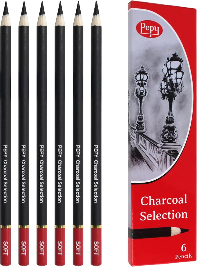 Pepy Professional Soft Charcoal Pencil Set – Set of 6 Pre-Sharpened Black Charcoal Pencils; Perfect for Drawing, Sketching, Blending and Shading