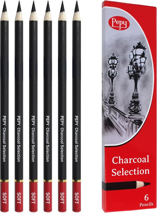Pepy Professional Soft Charcoal Pencil Set – Set of 6 Pre-Sharpened Black Charcoal Pencils; Perfect for Drawing, Sketching, Blending and Shading