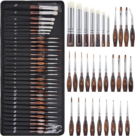 Nicpro Miniature Paint Brushes Dry Brush - 31PCS Model Paint Brush Set with Cloth Roll for Acrylic Oil Watercolor, Detail Paint Brush Drybrush for Model, Miniature Painting, Paint by Numbers, Craft