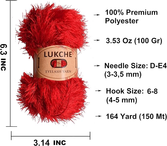 Eyelash Fun Fur Yarn Premium 100% Polyester 164 Yds (150 Mt), 3.53 Oz (100 Gr) Colorful Crochet Yarn Dıy Hand Knitting. (Red, 1 Skein)