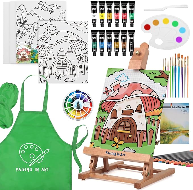 Falling in Art 52 Pcs Kids Acrylic Paint Set with Table Easel, Green | Art Painting Kit with Paints, Canvas Panels, Paintbrushes, Canvas Supplies Kit for Kids, Adults, Beginners, and Artists