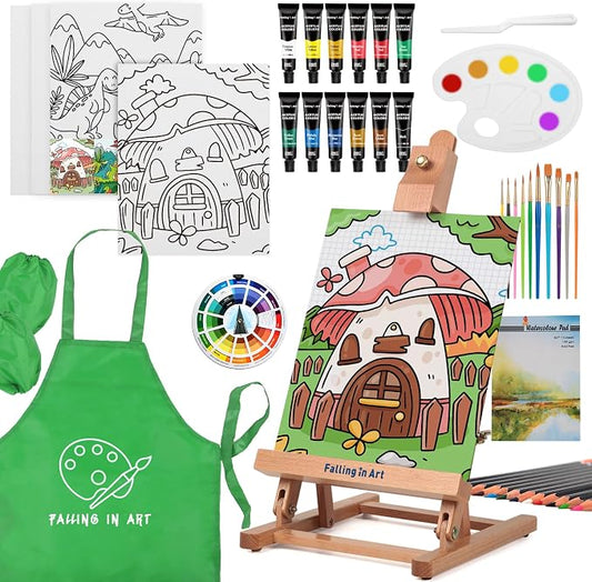 Falling in Art 52 Pcs Kids Acrylic Paint Set with Table Easel, Green | Art Painting Kit with Paints, Canvas Panels, Paintbrushes, Canvas Supplies Kit for Kids, Adults, Beginners, and Artists