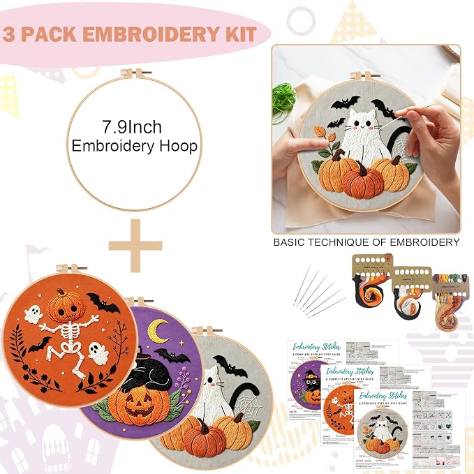 Nuberlic 3 Pack Halloween Embroidery Kit for Beginners