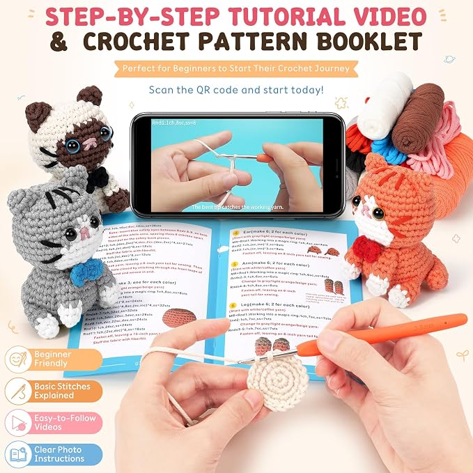 Fortuning's JDS Crochet Kit for Beginners, 3 Cat Crochet Animal Kit Starter | w/ Step-by-Step Video Tutorials, Beginner Crochet Kit for Adults, Bow-Wearing Cat Crochet Set, Crochet Gifts for Cat Lovers