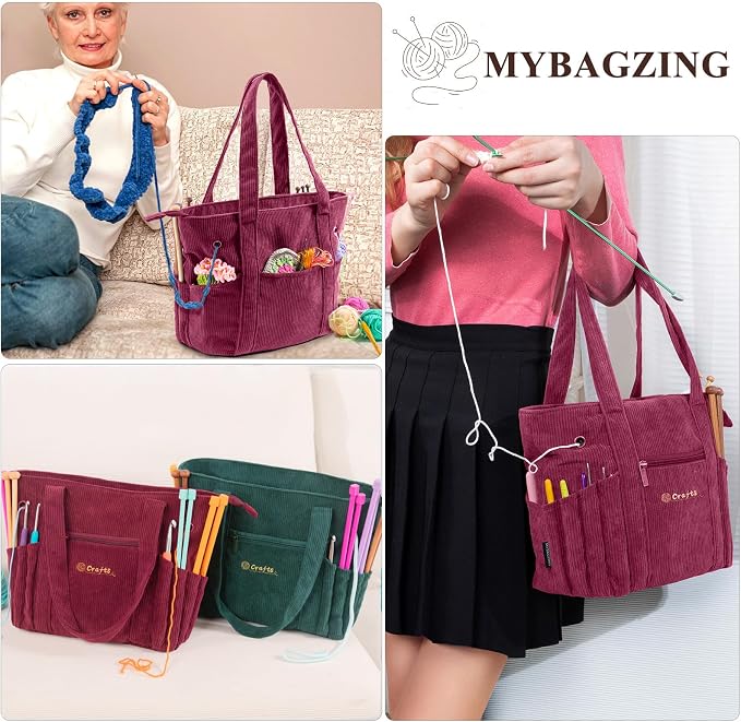 MYBAGZING Crochet Bag and Tote - Corduroy Yarn Bag - Yarn Holder for Crocheting - Crochet Storage Bag for Crochet Hooks, Crochet Accessories, Knitting Bag for Crochet Lovers, Mother's Day Gift
