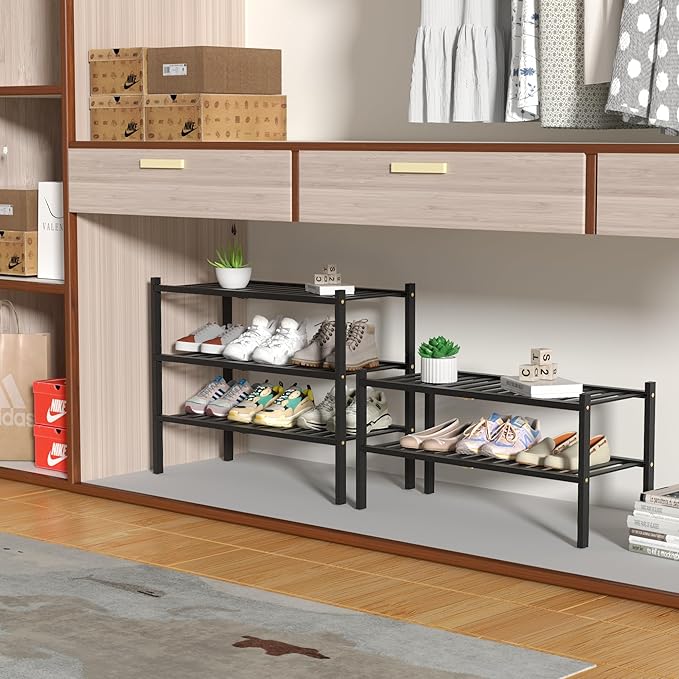 ROMGUAR CRAFT 3 Tier Bamboo Shoe Rack for Closet Free Standing Wood Shoe Shelf Storage Organizer for Entryway Small Space Stackable 27"x11"x20" (Black) (Pack of 2)