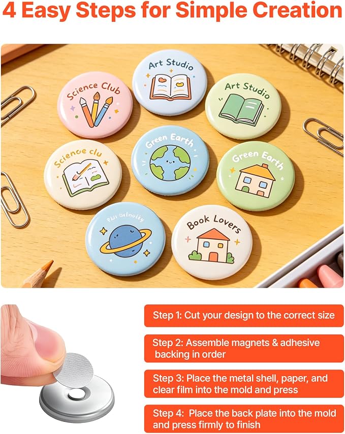 VEVOR Button Maker Supplies 50 Sets 1 in / 25 mm Refrigerator Magnets, Button Parts with Magnetic Backs, Metal Shells, Clear Mylar Films, and Blank Circle Papers, for Home DIY and Kitchen Decor