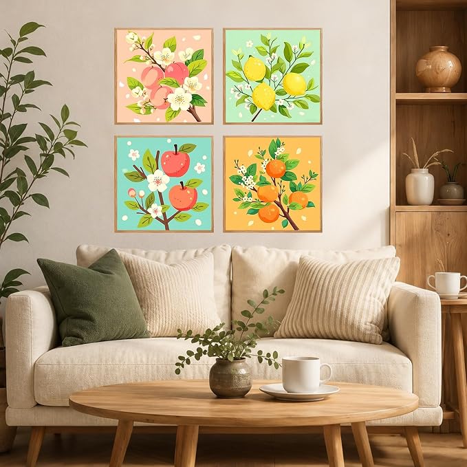 AUKELHJ 4 Pack Framed Paint by Numbers Kit for Adults, Fruit, 8x8 Inch