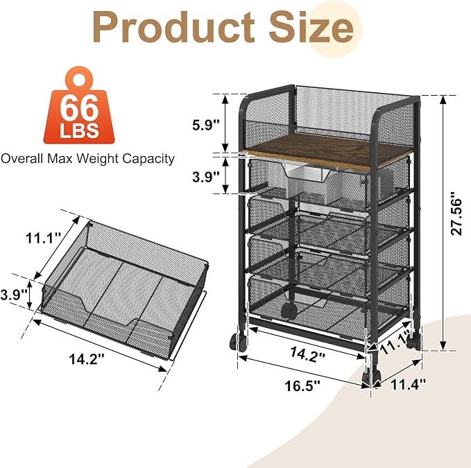 Yociyoga 5-Tier Craft Cart with Wheels-Rolling Storage Cart with Drawers,Rolling Utility Cart with DIY Divider,Art Supply Organizer Cart,Rolling Cart with Drawers,Craft Organizers and Storage,Black