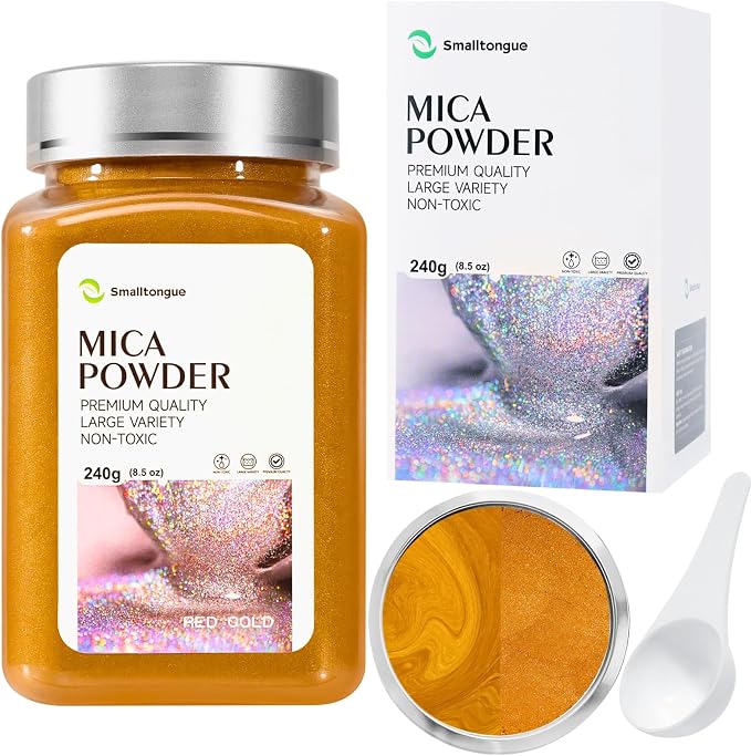 Mica Powder, Red Gold, 240g with Scoop, Complies with ASTM D-4236 | For Epoxy Resin, Soap, Bath Bomb, Candle| Safety Material| Odorless| Brilliant Colors