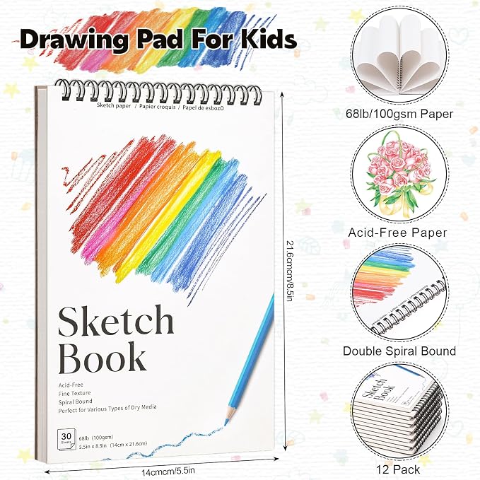 12 Pack Small Sketch Books, 5.5 × 8.5 in, Spiral Bound, 100gsm | Acid-Free 30 Sheet Pads, Micro-Textured Paper, Flat-Lay Top Spiral, for Kids, Beginners & Artists