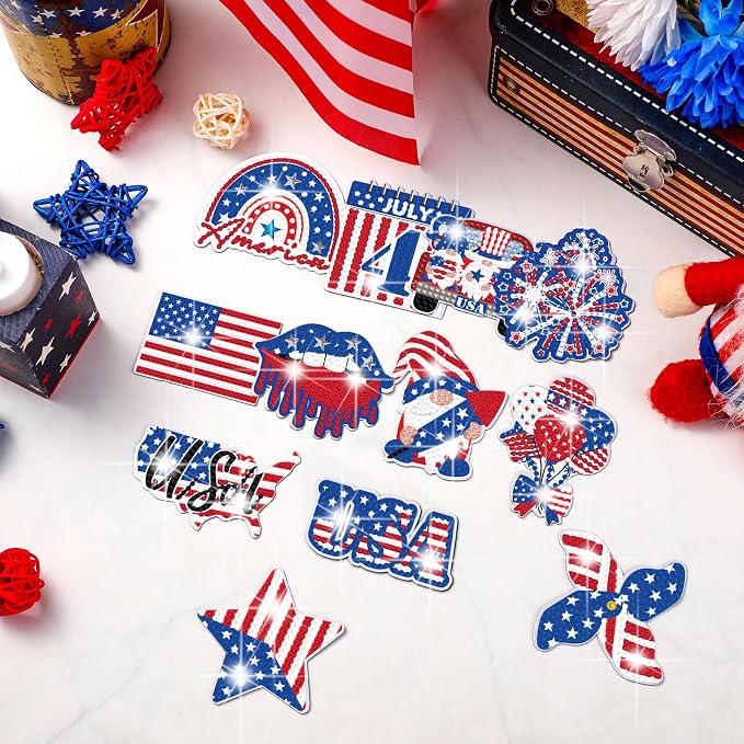 Zonon 12 Pcs 4th of July Diamond Painting Magnets Kit DIY American Flag Diamond Art Fridge Magnets for Adults Patriotic Independence Day Magnetic Stickers Home Decorations