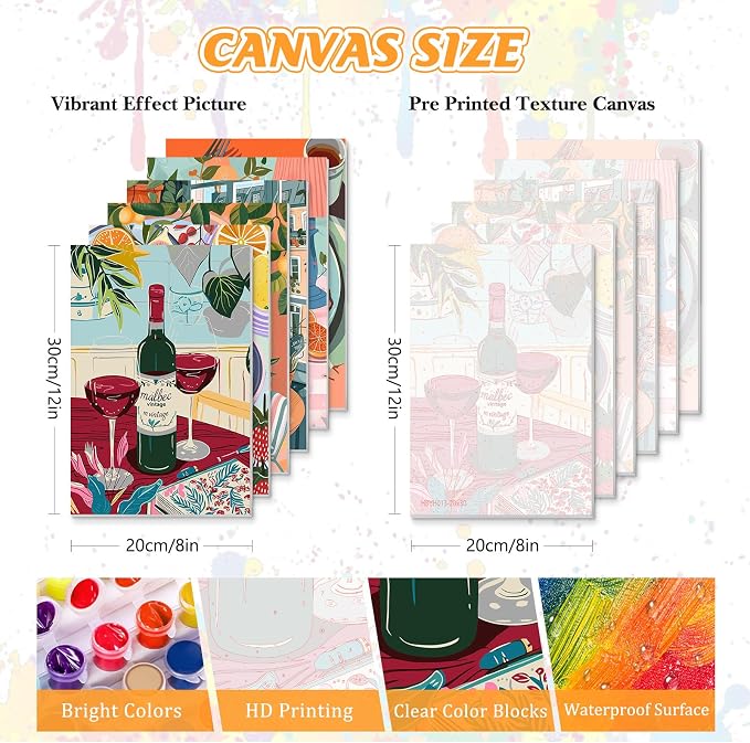 KEYIFA 6 Pack Paint by Numbers Kit, Stretched Canvas Boards for Painting for Adults, No Crease Acrylic Oil Painting for Students Beginners Favor Sip & Paint Party Supplies, Coffee Food Life (8x12)
