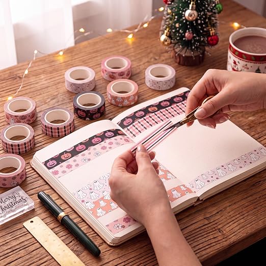 12 Rolls Floral Washi Tape Set,Pink,Halloween | Cute Ghost Pumpkin Design for Christmas Scrapbook Journal DIY Craft Supplies, 15 mm Vintage Decorative Masking Washi Tapes