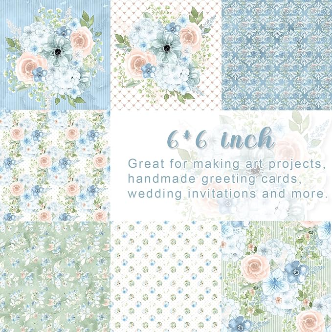 28 Sheets Scrapbook Paper, Floral Scrapbooking Specialty Papers 160gsm Cardmaking Craft Paper Pack Decorative Paper for Card Making (6"X6" Inch, Powder Blue Flowers)