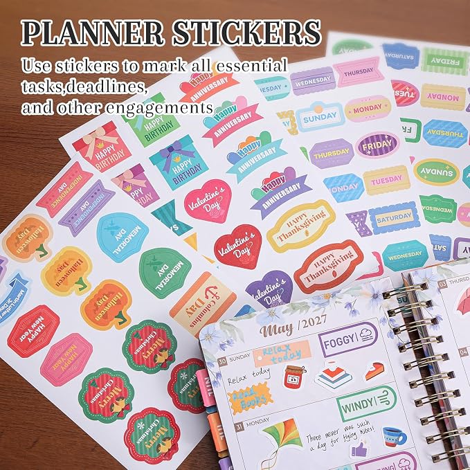 1000+ Holiday Seasonal Daily Monthly Planner Stickers for Women Men - Scrapbooking Supplies 24 Pages Sticker Book for Calendar Vision Board, Removable & Repositionable Junk Journal Supplies for Adults