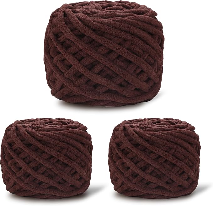 3 Pack Plush Chenille Chunky Yarn for Crocheting 100g(54.6yd) - Bulky Thick Fluffy Yarn for Knitting- Soft Velvet for Baby, Blanket Knitting Blanket Yarns- Amigurumi Yarns (3-Coffee)
