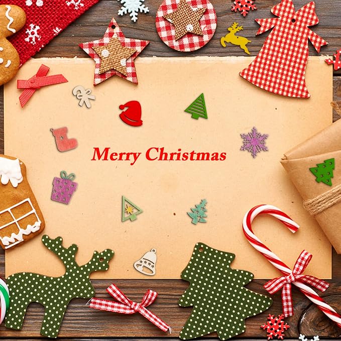 300 Pieces Unfinished Mini Wooden Christmas Ornaments DIY Wooden Christmas Ornaments Mini Blank Wood Slice Cutout Xmas Craft for Holiday Winter Xmas Tree Hanging Decoration DIY Craft,30 Styles