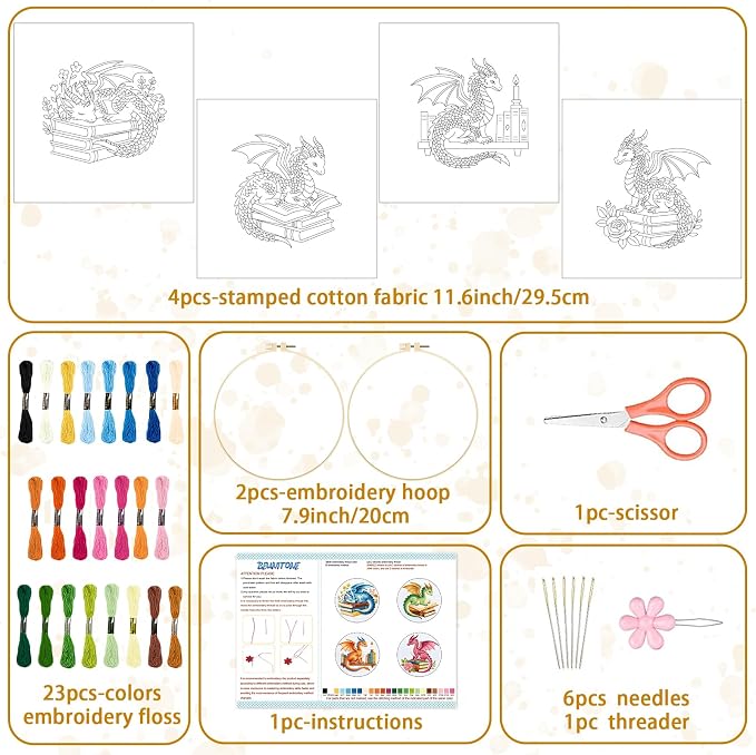 BEUNITONE 4 Set Embroidery Kits for Beginners with Dragon Pre-Print Patterns, DIY Craft Kits Include Instructions and 2 Embroidery Hoops, Cross Stitch Needlepoint Kits for Craft Lover and Home Decor