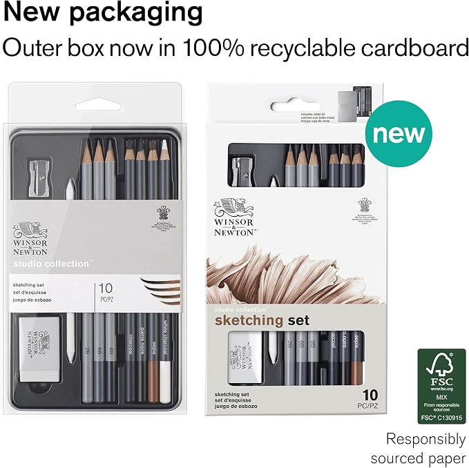 Winsor & Newton Studio Collection, Sketching Pencils, Set of 10 | Soft, Thick Core pencils, Varied Hardness, Soft Smooth Texture, Easy Blending, Stylish Metal Tin Included, High Quality Lead