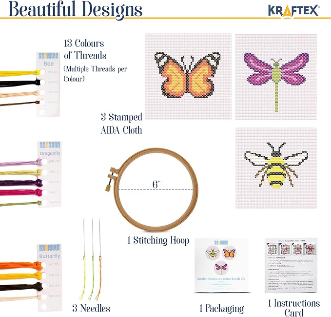 Kraftex Floral Stamped Cross Stitch Kits for Beginners - 3 Pack. DIY Embroidery Needlepoint Patterns for Adults. Easy Cross Stitch Kits for Beginners (Garden Creatures)