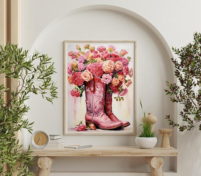 Accompany Wind Pink Boots Diamond Art Kits for Adults, 5D Boots Flower Diamond Painting Kits for Beginners,DIY Round Full Drill Diamonds Gem Art Crafts for Home Wall Decor Gifts 12x16 Inch