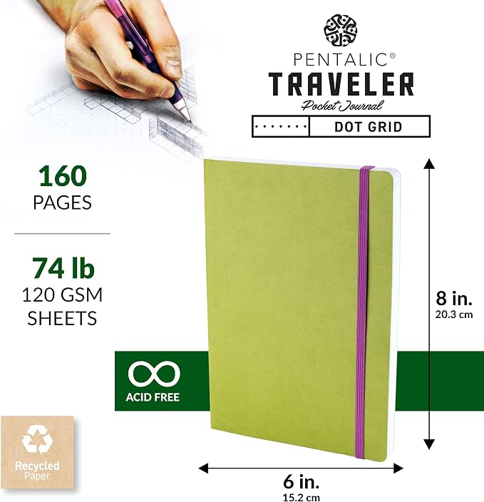Pentalic 6 x 8" Pocket Dot Grid Traveler Journal, 160 Pages, Olive Green