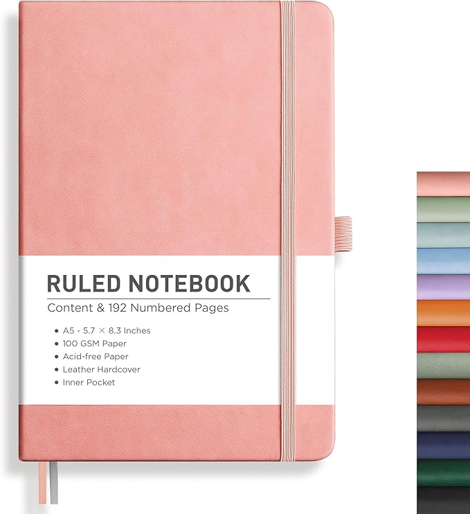 RETTACY Lined Journal Notebook, 192 Numbered Pages, A5 Size (5.7'' x 8.3'') | Leather Hardcover, 100 GSM Thick Paper, for Men & Women, Journaling, Writing, Work & Office (Pink)
