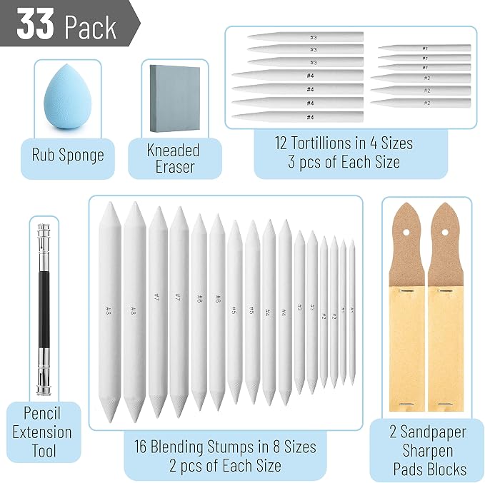 Mr. Pen- Blending Stumps for Drawing, 33 Pack | Tortillions Paper Art Blenders with Sandpaper Sharpeners, Pencil Extension Tool, Kneaded Eraser & Rub Sponge