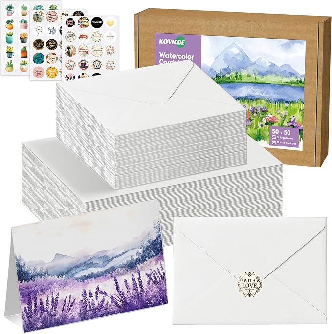 50 Pack Foldable Blank Watercolor Cards with Envelopes 4 x 6 Inch