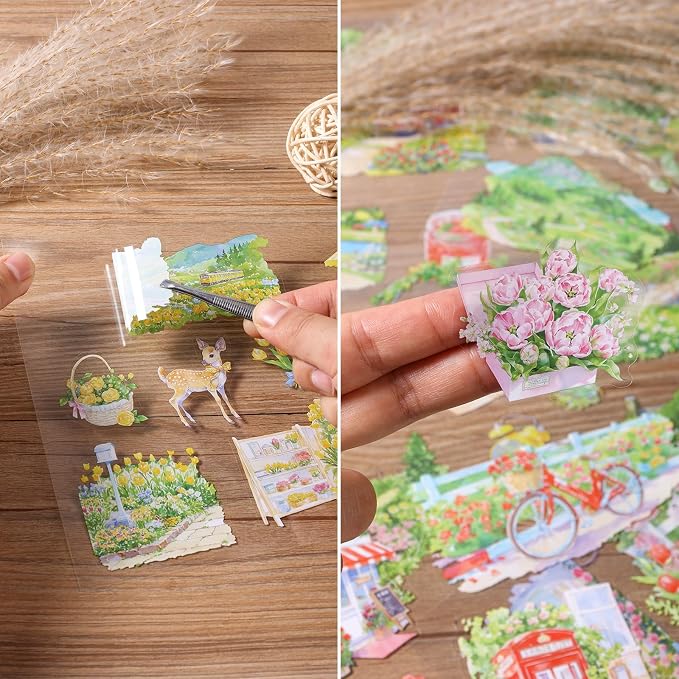 Spring Garden Stickers 20 Sheets 150 Pre-Cut PET Journal Sticker Book for Scrapbooking Landscape Stickers Transparent Sticker for journaling