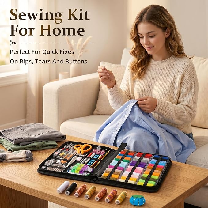 JJRING 205 PCS Sewing Kit for Adults with Portable Handbag, Black | Premium Needle And Thread Kit With Beautiful Gift Box For Beginners, Home, Travel, DIY And Repair