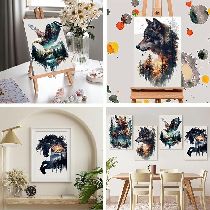 4 Pack Animals Paint by Numbers for Adults with Framed Canvas 8x12 inch | Forest Animals Adult Paint by Number Kits on Canvas with Wooden Easel, DIY Acrylic Oil Painting by Numbers for Home Decor