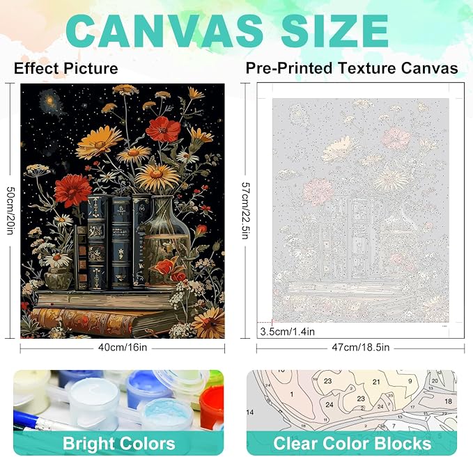 Paint by Numbers Kit for Adults, Vintage Books and Wildflower, 16 x 20 Inch | DIY Adult Paint by Number Kit on Canvas for Beginners, without Frame, Botanical Wall Decor, Stress Relief Craft Gift