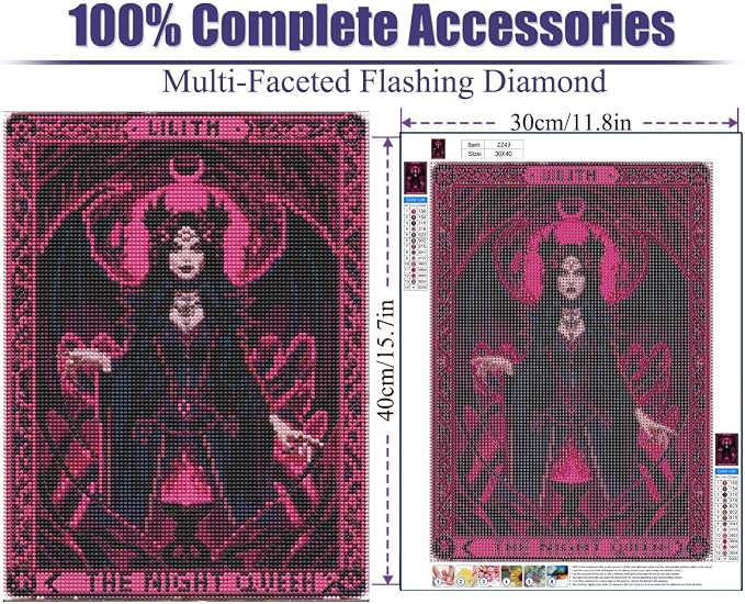 GQYCZZ Lilith Queen of the Night Diamond Art Kits for Adults, Tarot Card Diamond Painting Kits for Beginners, DIY 5D Gothic Full Drill Round Diamond Painting Gem Art for beginner, Home Wall Decor12x16