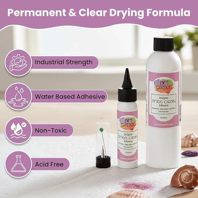 Art Institute Glitter Dries Clear Glue Kit, 8oz & 2oz with Metal Tip & Pin | Precision steel applicator, Smooth fine line flow, Anti-clog tool, Tailored for intricate detail work, Permanent bond