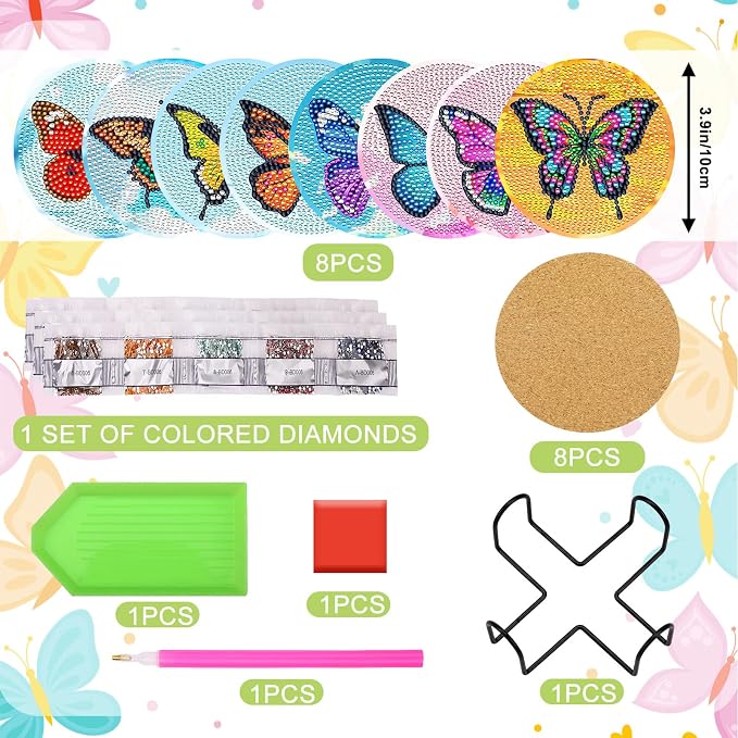 UPINS 8Pcs Butterfly Diamond Art Painting Coasters for Drinks | DIY Life Coaster Diamond Art Kits ,for Adults Kids Beginners Diamond Art Craft Supplies