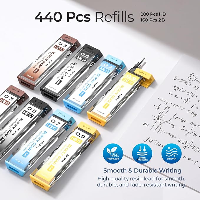Nicpro 4 Pack Blocky Gear 0.3/0.5/0.7/0.9 mm Metal Mechanical Pencils Set