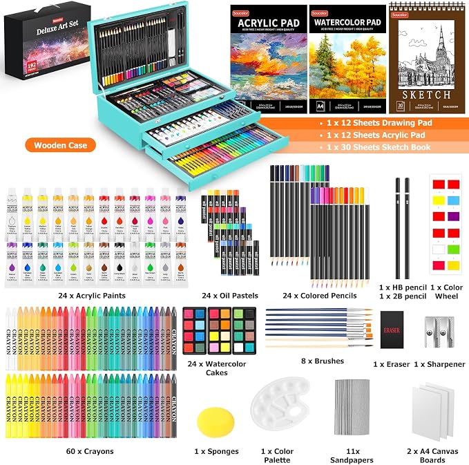 Soucolor Art Supplies, 192-Pack Deluxe Art Set Drawing Painting Supplies | Art Kit with Acrylic Pad, Watercolor Pad, Sketch Book, Canvases, Acrylic Paint, Crayons, Pencils, Gifts for Artists Adults