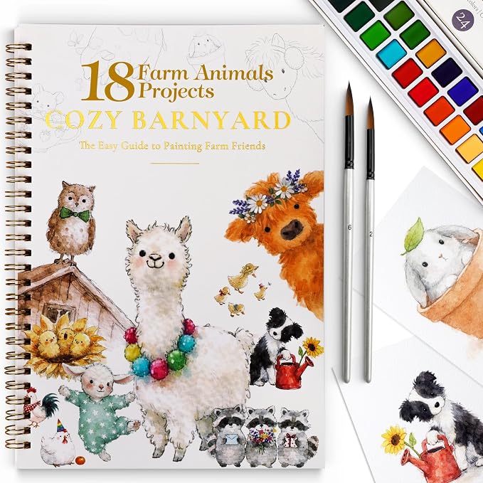 Watercolor Workbook for Beginners,18 Whimsical Farm Animal Water Coloring Book,Relaxing & Easy to Paint Water Coloring Book with 24 Colors-Perfect for Gifting to Creativity & Joy for Adults