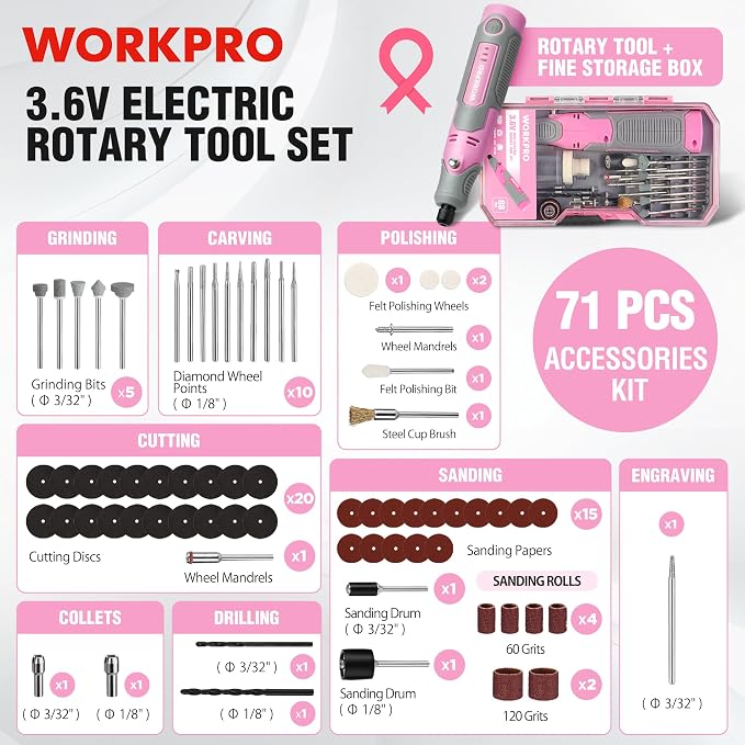 WORKPRO Cordless Rotary Tool Kit, 71PCS Accessories Rechargeable, Pink | Lightweight Handling, Comfortable Rubber Grip, Engraving, Sanding, Polishing, Carving, Cutting, DIY Crafts
