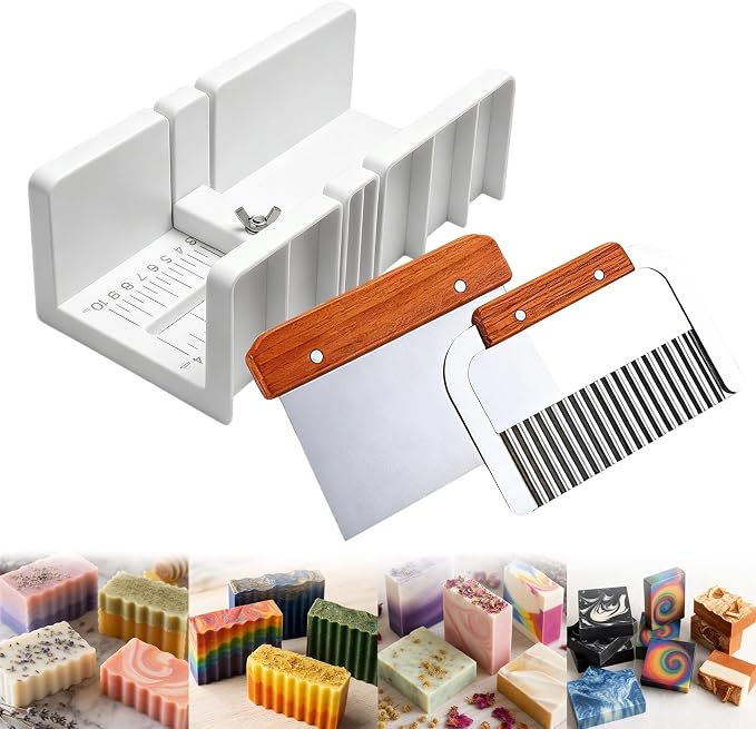 PIUH Soap Cutting Tool Set with Soap Cutter Base and 2 Cutter Slicer | Plastic Loaf Soap Mold Cutter + 2 Pcs Straight / Wavy Stainless Steel Cutter Slicer and Packing Supplies for Adults