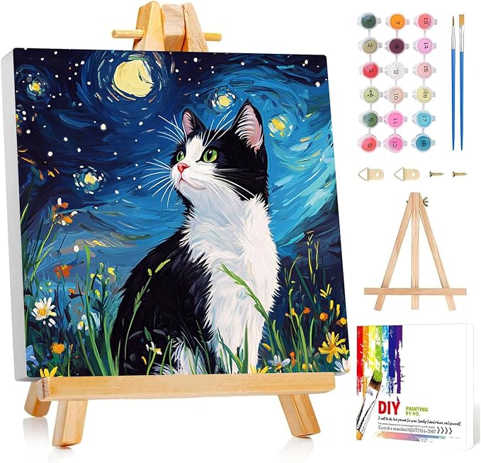 Framed Paint by Numbers Kit for Adults Beginner & Kids Ages 8-12 Cat Adult Paint by Number Kits on Canvas with Easel Starry Night Painting by Numbers for Adults with Frame DIY Painting Kits 8x8 Inch