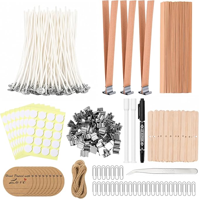 375Pcs Candle Making Kit, 4" Cotton Wicks & 5" Wood Wicks | Wick Holders, Candle Stickers, Tweezers, Pen, Use for DIY Candle Making
