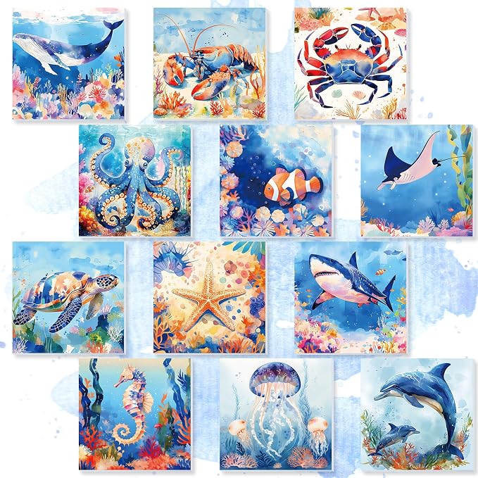 Nezyo 12 Sets Paint by Numbers with Frame, Ocean Animals Canvas 8x8 Inch | DIY Acrylic Number Painting for Beginners, Sea Life Designs, Includes Brushes Paints, Party Classroom Birthday Gift