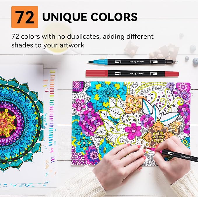 72 Colors Dual Watercolor Markers Pens for Adult Coloring Books with Bag | Art Marker Set with Fine & Brush Tip Pen for Bullet Journaling, Coloring, Drawing, Hand Lettering, Calligraphy, Art Supplies