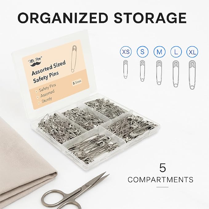 Mr. Pen- Safety Pins, 300 Pack, Small & Large Sizes, Nickel Plated Steel
